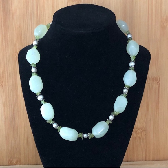 $62Jade Peridot & Pearl Estate NecklaceSterlingMarked 925